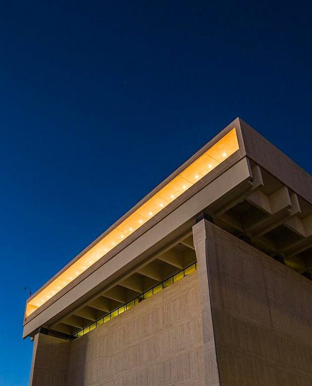 An exterior image of the LBJ Presidential Library in Austin, Texas