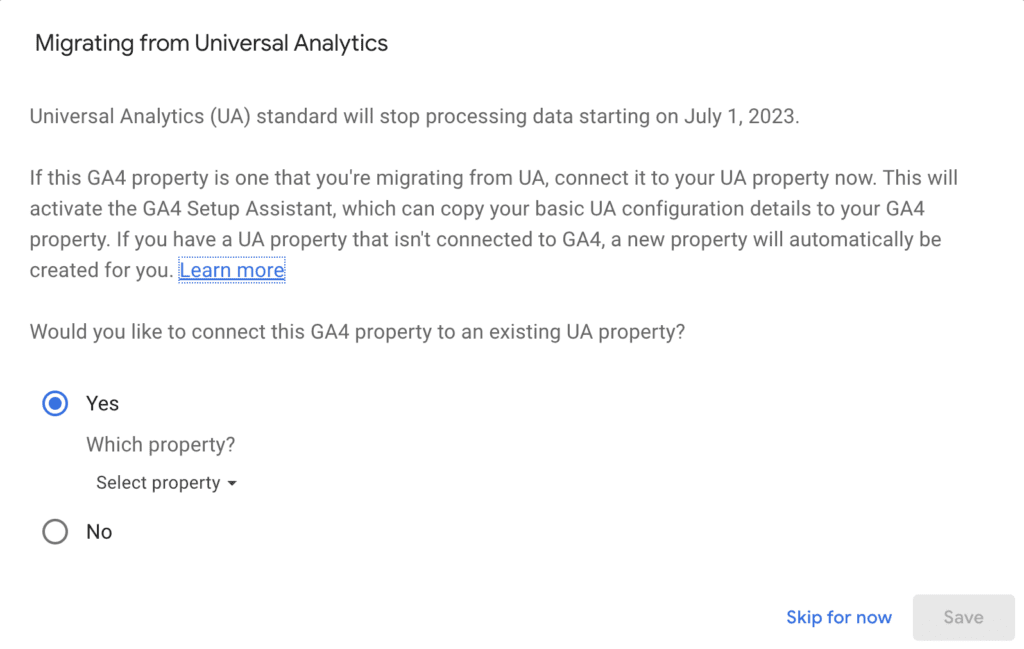 Standard Google Analytics 4 migration message pop-up as displayed on a Google Analytics University Analytics property in the spring of 2023.
