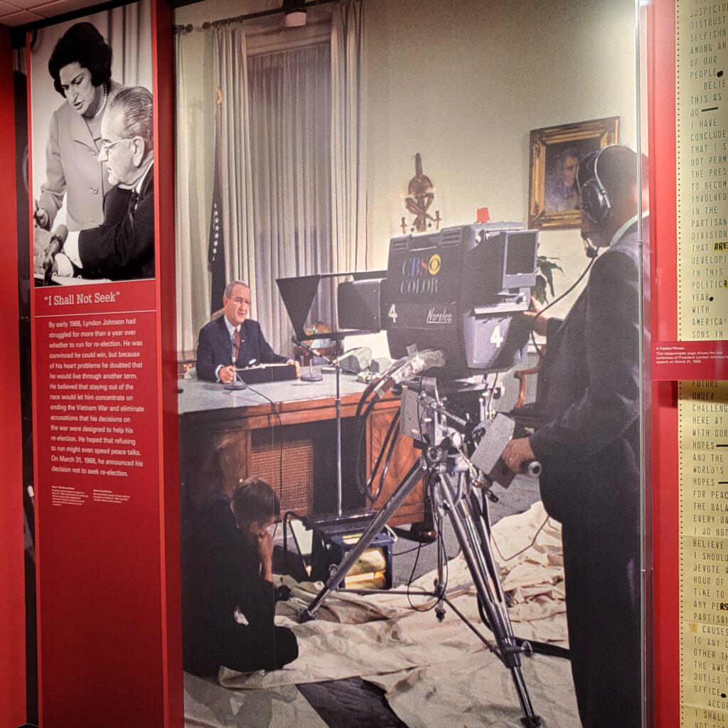 Photographs of President Lyndon Baines Johnson, during a live television address from the Oval Office