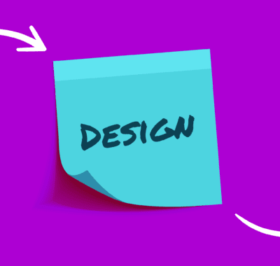 Teal Post-it Note With The Word "design" Written On It As Part Of A Workflow On A Purple Background