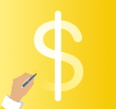 Image of a left hand holding a gray pen writing a large white dollar sign over a yellow-gold background